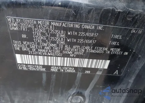 2018 Toyota Rav4 Le из США, поврежденный, VIN 2T3ZFREV8JW467002